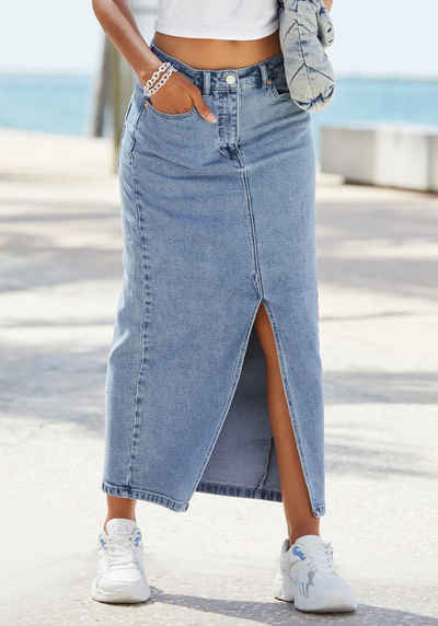  Jeansrock in modischer Midilänge, elastischer Denimrock mit Schlitz, Sommerrock