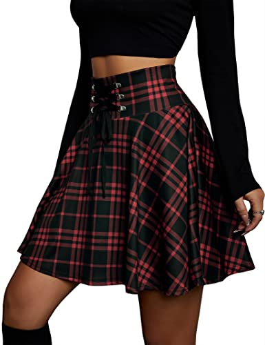 KOJOOIN Damen Rock Kariert Mini-Faltenrock Gothic Kleid Hohe Taille Cosplay Kleid A-Linie zum Schnüren Rot L