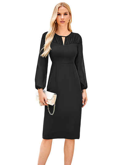  Etuikleid Damen Langarmkleid, Partykleid, knielanges Kleid, elegant, Schwarz (1-tlg) Größe 34-42, Lässiger Stil, Büro, Alltag