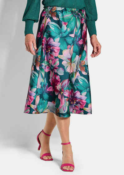  Schlupfrock Eleganter A-Linienrock, floraler Print Midirock aus schimmerndem Satin mit elastischem Bund, verschlusslos