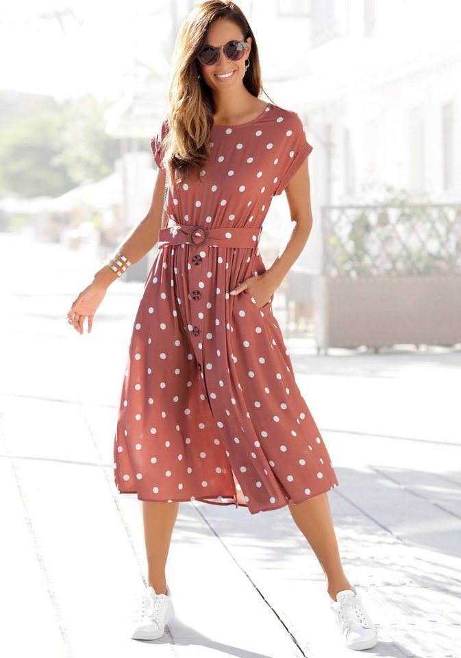LASCANA Midikleid mit Punktedruck und Taschen, Blusenkleid (mit Gürtel) elegantes Sommerkleid aus Webware, Viskosekleid, Tupfenkleid, feminin