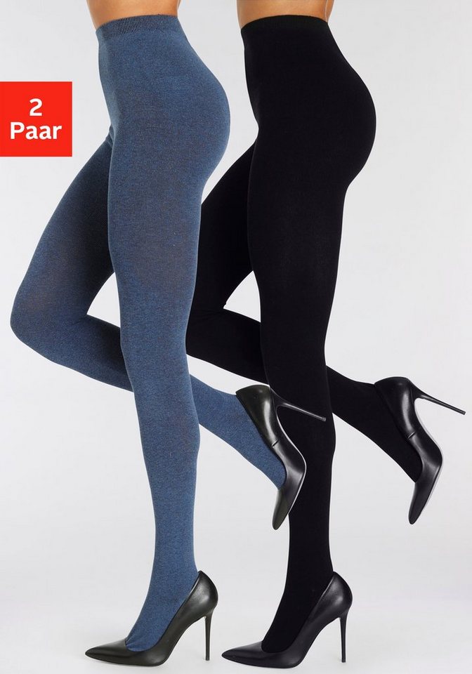 LASCANA Strickstrumpfhose Warme Damen glatt gestrickte Baumwoll Strumpfhose (Packung 2 St. bis/54) aus trageangenehmer Baumwollmischung