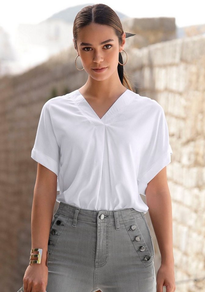 Vivance by Lascana Kurzarmbluse mit V-Ausschnitt und lockerer Passform Damenbluse mit kurzen Ärmeln, schlichtes Blusenshirt, Basic, casual