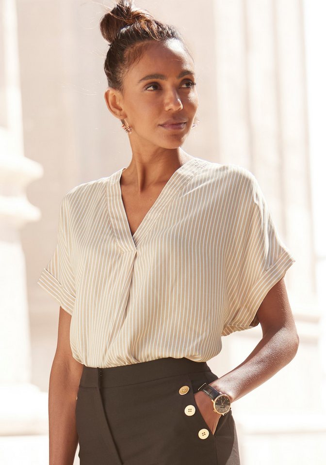 Vivance by Lascana Kurzarmbluse mit Streifendesign, V-Ausschnitt und lockere Passform Damenbluse mit kurzen Ärmeln, schlichtes Blusenshirt, Streifenbluse