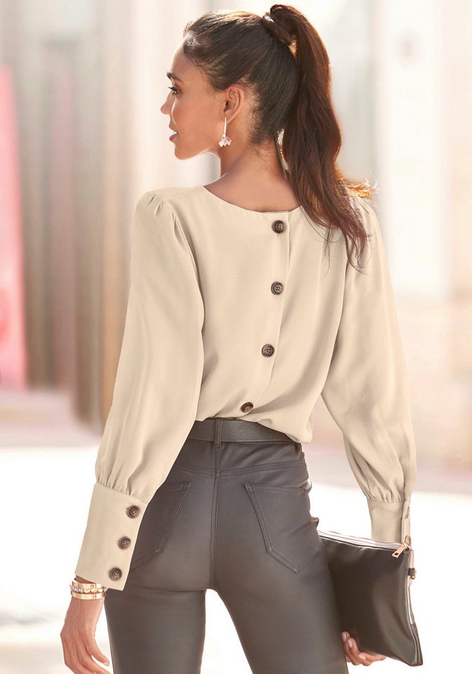 LASCANA Langarmbluse mit durchgehender Knopfleiste im Rücken elegante Damenbluse, Blusenshirt mit Puffärmeln, Business, festlich
