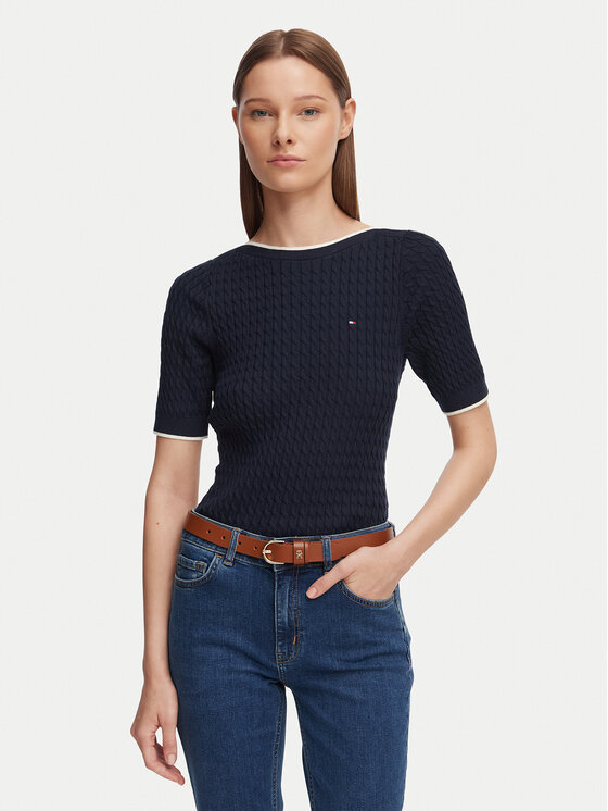 Tommy Hilfiger Bluse Fine Gg Cable Boat WW0WW50103 Dunkelblau Regular Fit