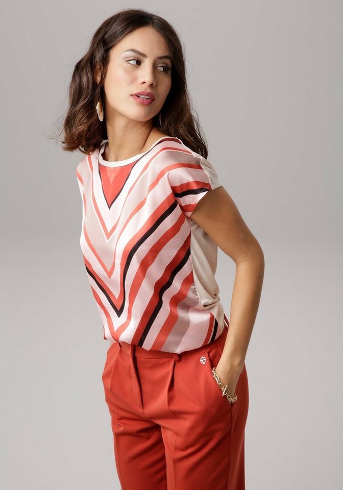 Laura Scott Shirtbluse im Materialmix mit Satin, verschiedene Muster für jeden Geschmack, femininer Stil, Rundhalsausschnitt, lockere Passform