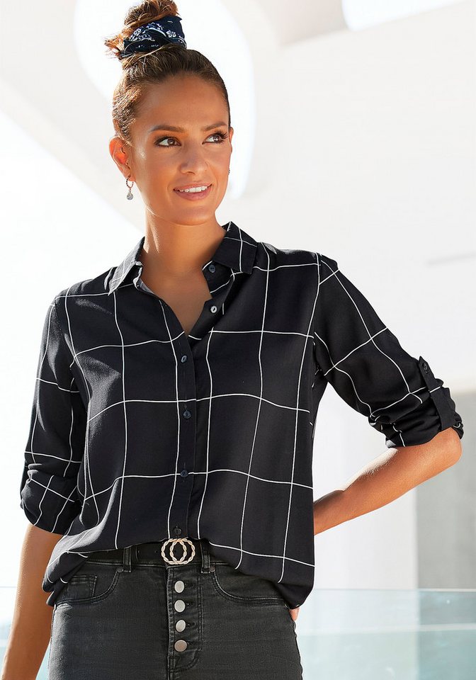 LASCANA Hemdbluse mit Karomuster aus leichter Webware, Longbluse lässiges Karohemd, Langarmbluse mit gerundetem Saum, Oversize