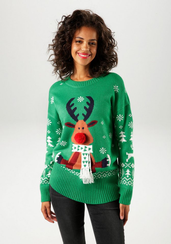 Aniston CASUAL Weihnachtspullover mit Bommel-Nase und Fransenschal