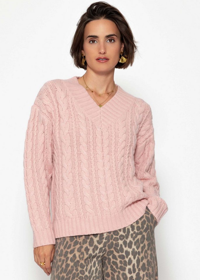 SASSYCLASSY Strickpullover Zopfstrickpullover mit V-Ausschnitt für Damen Weicher Pullover mit Rippstruktur am Bündchen Rosa Schwarz Offwhite