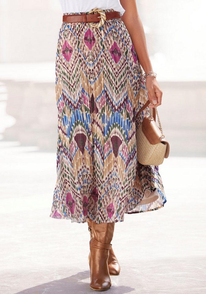 LASCANA Plisseerock aus leichter Chiffonware mit Ethnodruck sommerlicher Midirock, modischer Faltenrock, eleganter Sommerrock