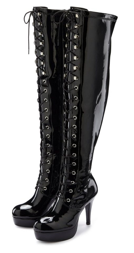 LASCANA Belle Affaire High-Heel-Stiefelette zum Schnüren Overkneestiefel mit Reißverschluss und Plateausohle, erotische Lack-Optik