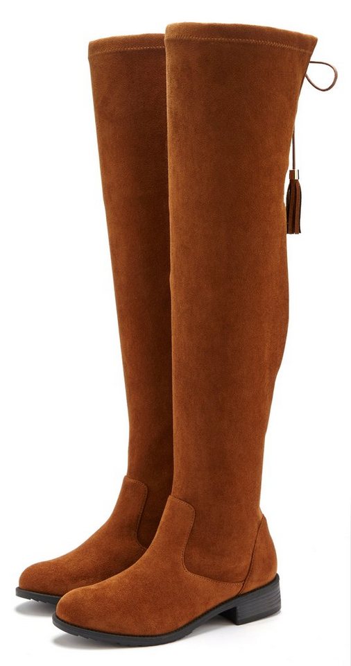 LASCANA Stiefel, Langschaftstiefel, Overkneestiefel mit elastischem Weitschaft und raffiniertem Flechtdetail