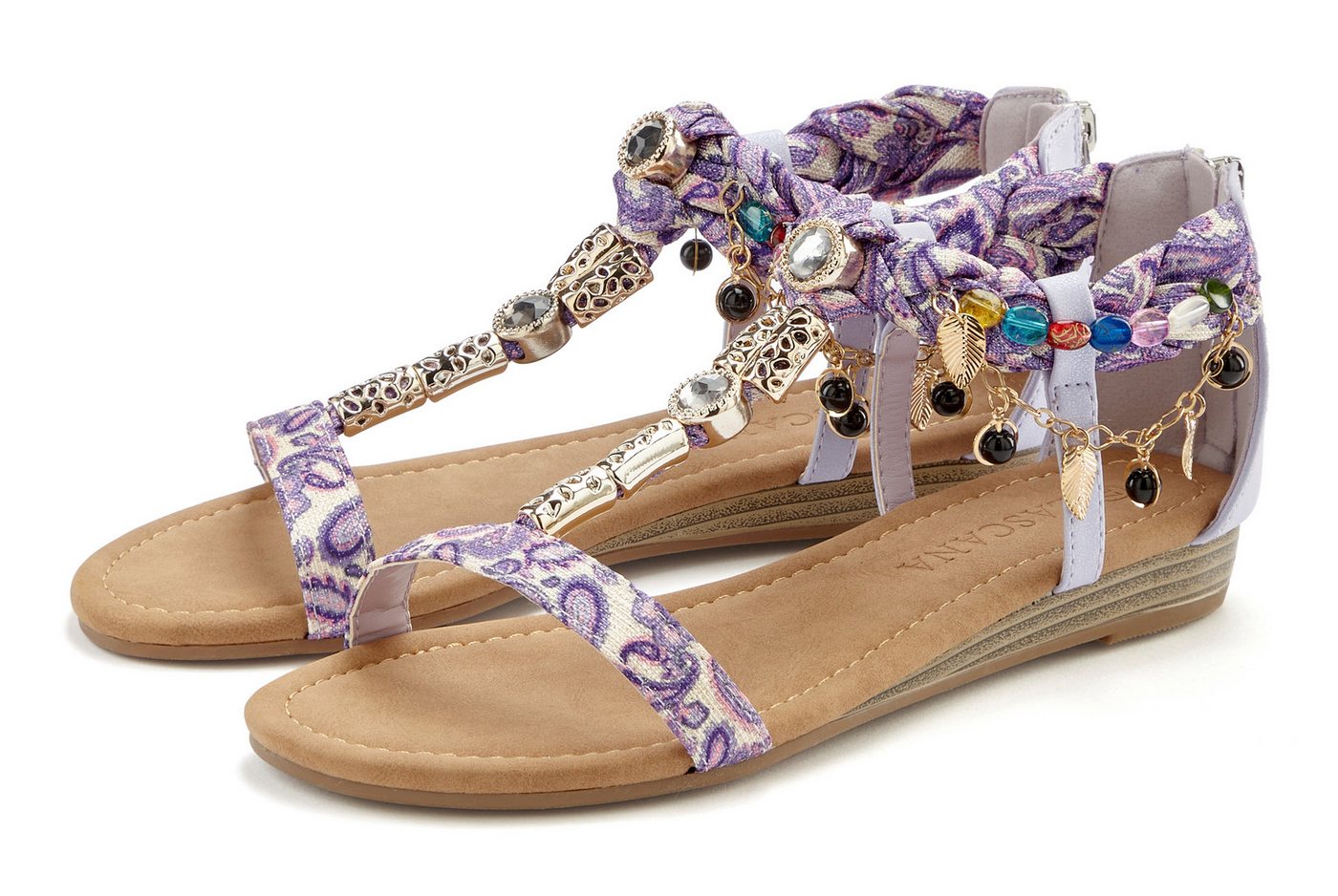 LASCANA Sommerschuh, Sandalette, offener Schuh, Sandale mit Schmuckkettchen und Schmucksteinen im Festival-Look VEGAN