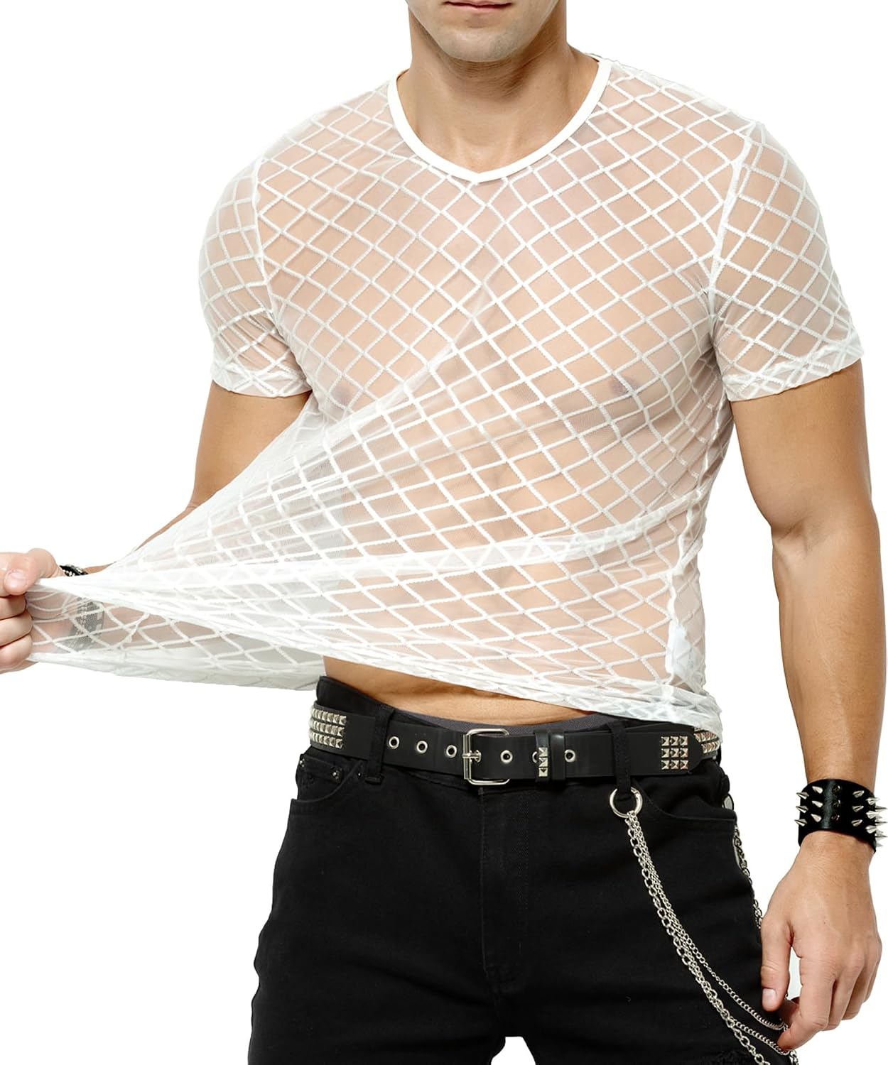 Casey Kevin Herren Muskel Transparent Kurzarm Shirt Netz Hemd – A2-weiß, XL