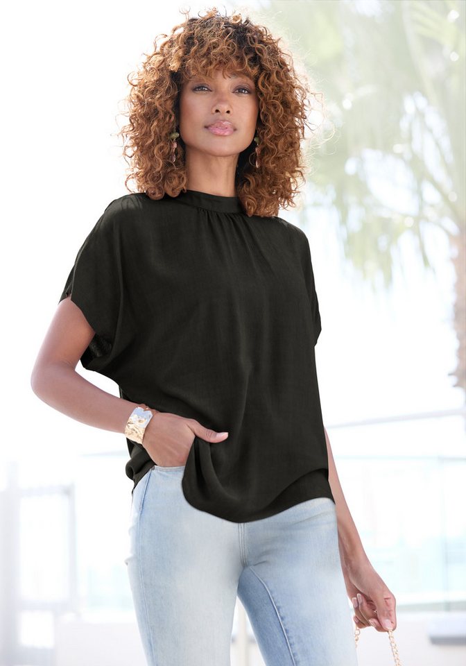 LASCANA Kurzarmbluse mit schmalem Stehkragen und weiten Ärmeln Blusenshirt mit weiten Ärmeln, elegante Bluse, lockere Form