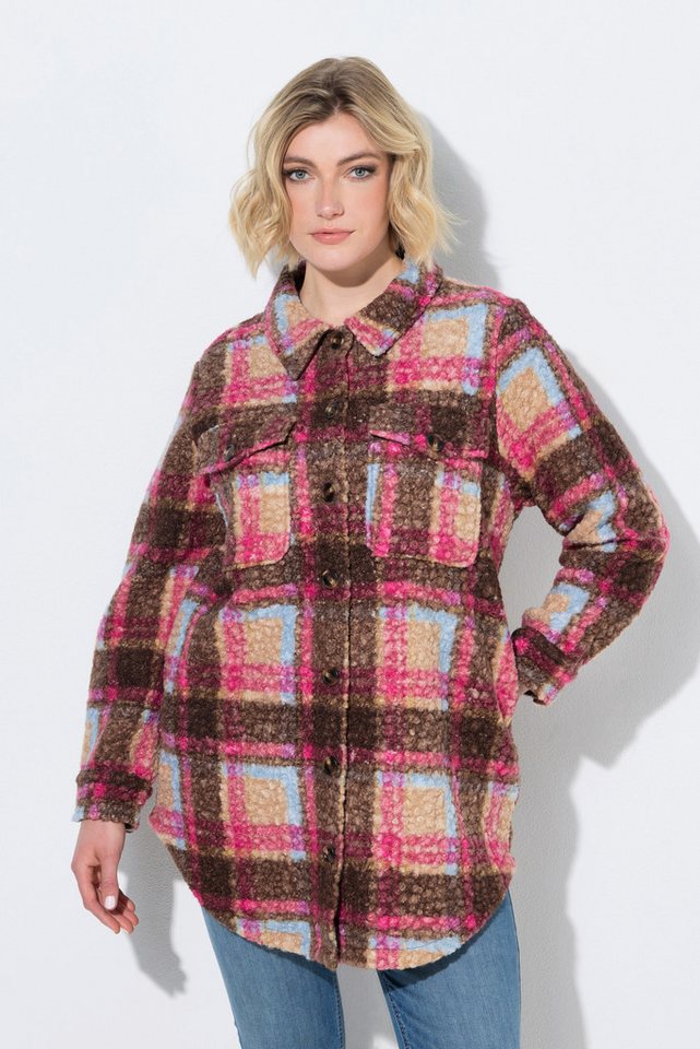 Ulla Popken Sommerjacke Bouclé-Longjacke Karo Hemdkragen Langarm