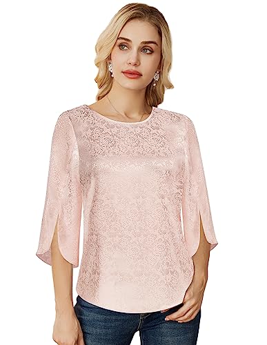 GRACE KARIN Damen Satin Bluse Langarm Rundhals Oberteile Satin Langarmshirt Casual Elegant Tops M Pale Rosa-Jacquard buy
