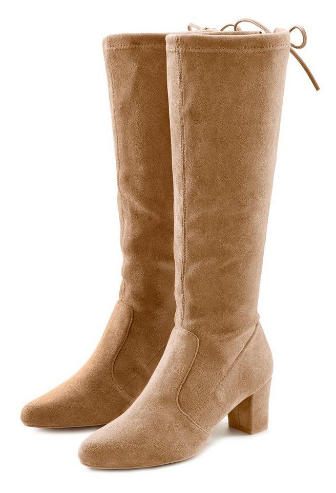 LASCANA Schlupfboots, Slouchy Boots, Slip-On, Schlupfstiefel aus stretchigem Material mit Blockabsatz in elegantem Design