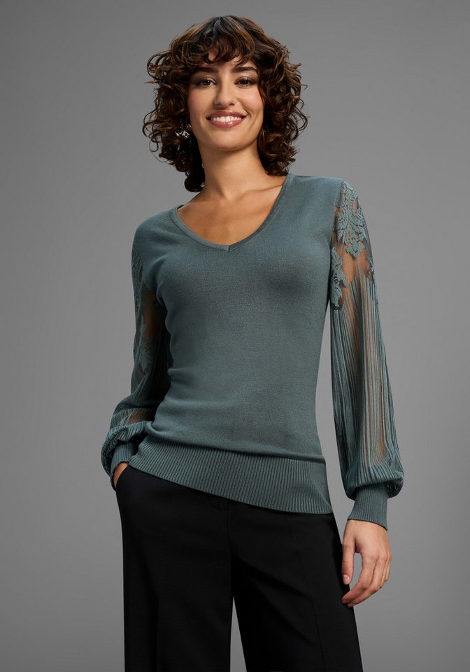 Melrose V-Ausschnitt-Pullover Feinstrickpullover mit Ärmeln aus hochwertiger Spitze