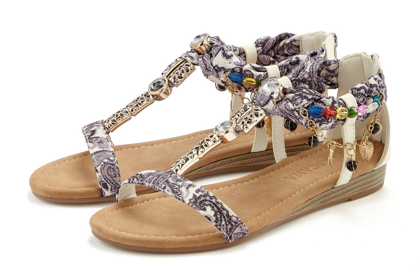 LASCANA Sommerschuh, Sandalette, offener Schuh, Sandale mit Schmuckkettchen und Schmucksteinen im Festival-Look VEGAN