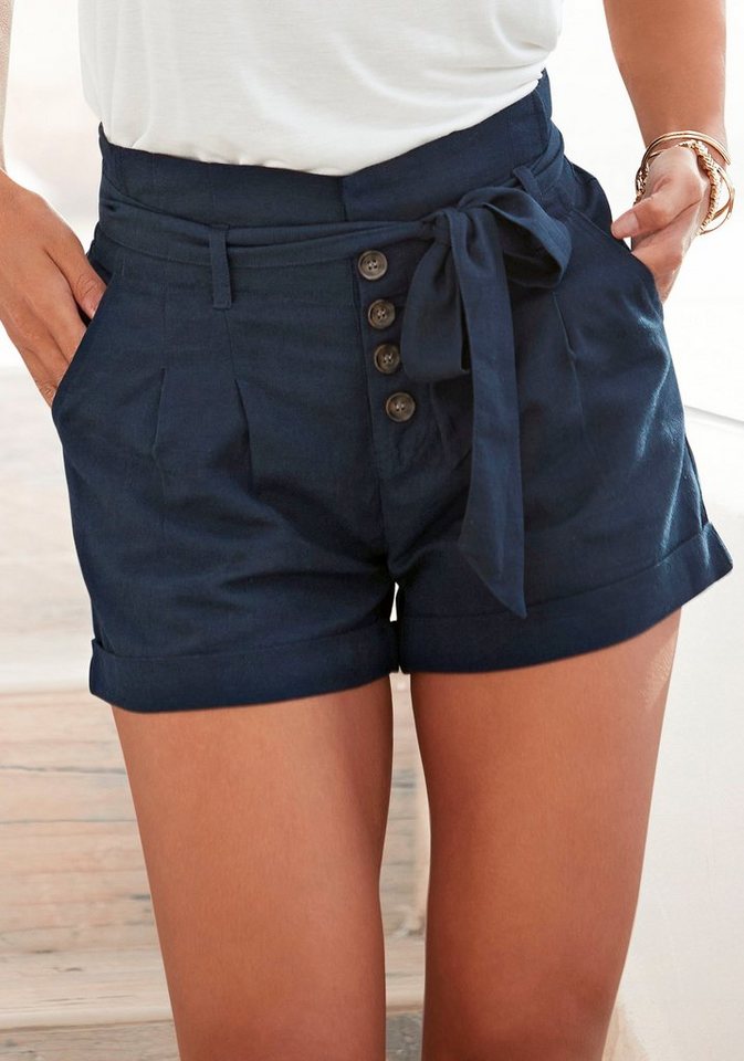 LASCANA Shorts aus bequemer Webqualität (mit Bindegürtel) mit Knopfleiste, kurze Hose, Leinenhose, Sommerhose