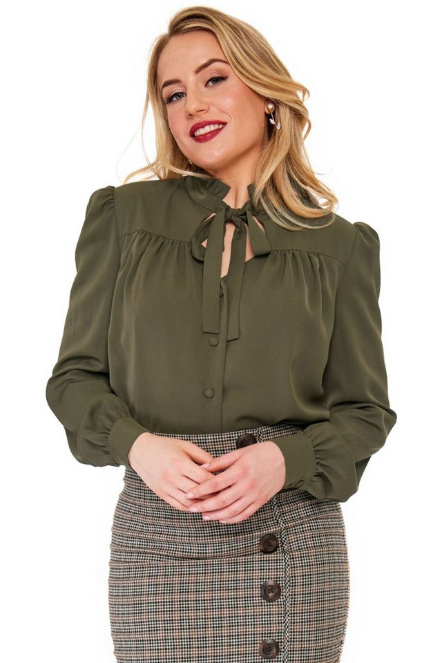 Voodoo Vixen Blusenshirt Green Tie 50er Retro Schluppenbluse Puffärmel Green Tie 50er Retro Schluppenbluse Puffärmel