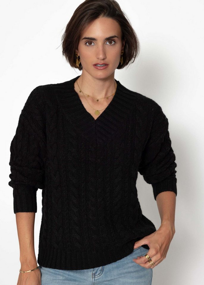 SASSYCLASSY Strickpullover Zopfstrickpullover mit V-Ausschnitt für Damen Weicher Pullover mit Rippstruktur am Bündchen Rosa Schwarz Offwhite